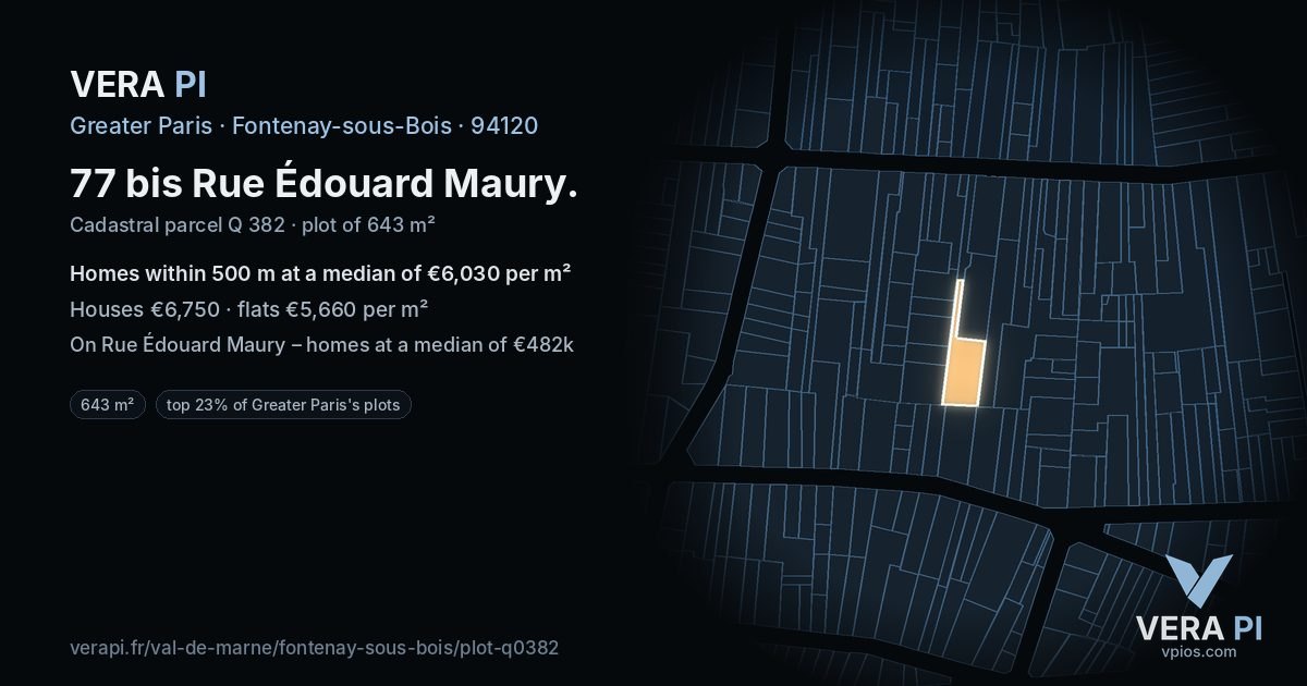 77 bis Rue Édouard Maury, Fontenay-sous-Bois at night – the plot lit, the parcels around coloured by the prices near them