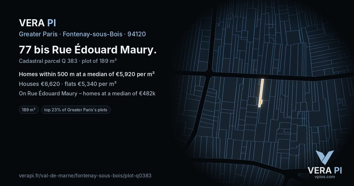 77 bis Rue Édouard Maury, Fontenay-sous-Bois at night – the plot lit, the parcels around coloured by the prices near them