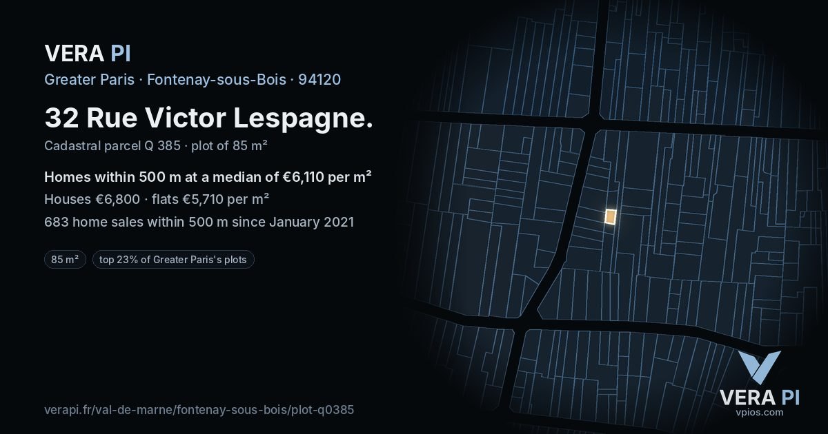 32 Rue Victor Lespagne, Fontenay-sous-Bois at night – the plot lit, the parcels around coloured by the prices near them
