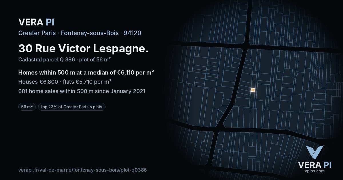 30 Rue Victor Lespagne, Fontenay-sous-Bois at night – the plot lit, the parcels around coloured by the prices near them