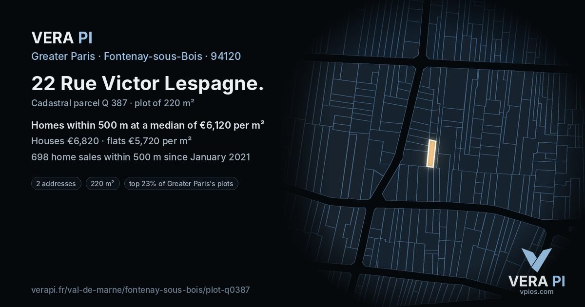 22 Rue Victor Lespagne, Fontenay-sous-Bois at night – the plot lit, the parcels around coloured by the prices near them
