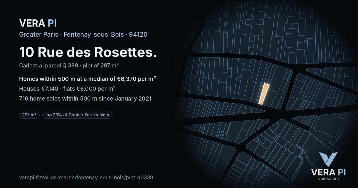 10 Rue des Rosettes, Fontenay-sous-Bois at night – the plot lit, the parcels around coloured by the prices near them