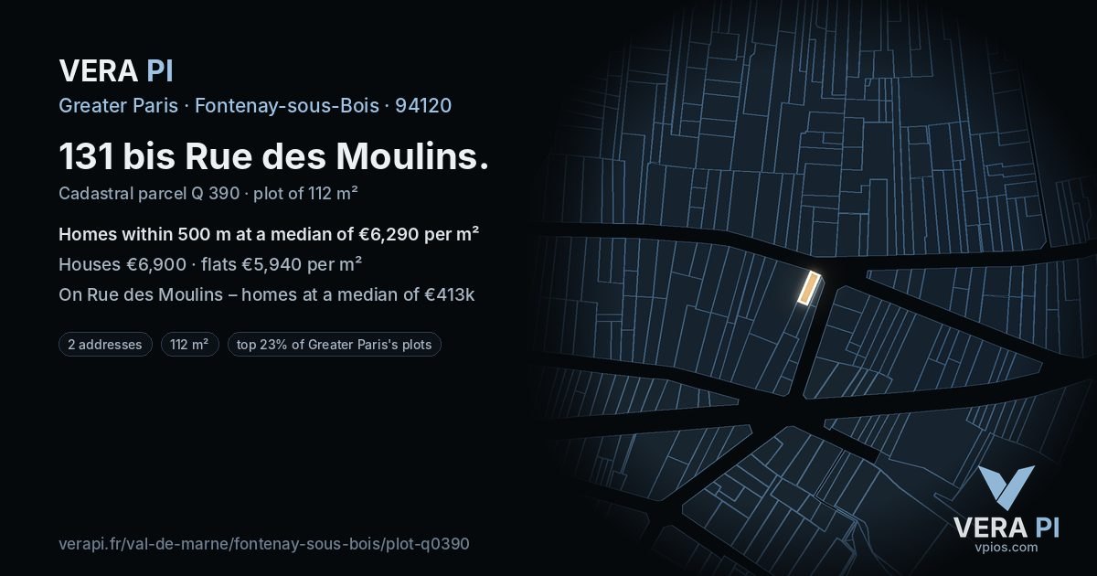 131 bis Rue des Moulins, Fontenay-sous-Bois at night – the plot lit, the parcels around coloured by the prices near them