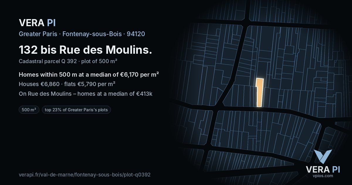 132 bis Rue des Moulins, Fontenay-sous-Bois at night – the plot lit, the parcels around coloured by the prices near them