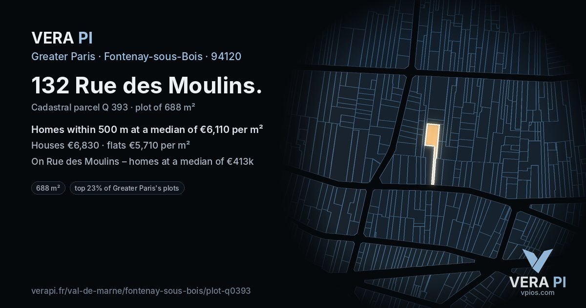132 Rue des Moulins, Fontenay-sous-Bois at night – the plot lit, the parcels around coloured by the prices near them