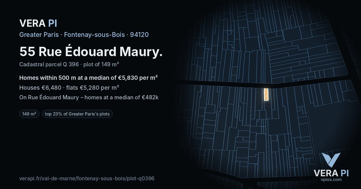 55 Rue Édouard Maury, Fontenay-sous-Bois at night – the plot lit, the parcels around coloured by the prices near them