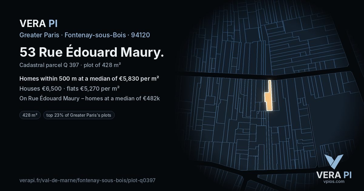 53 Rue Édouard Maury, Fontenay-sous-Bois at night – the plot lit, the parcels around coloured by the prices near them