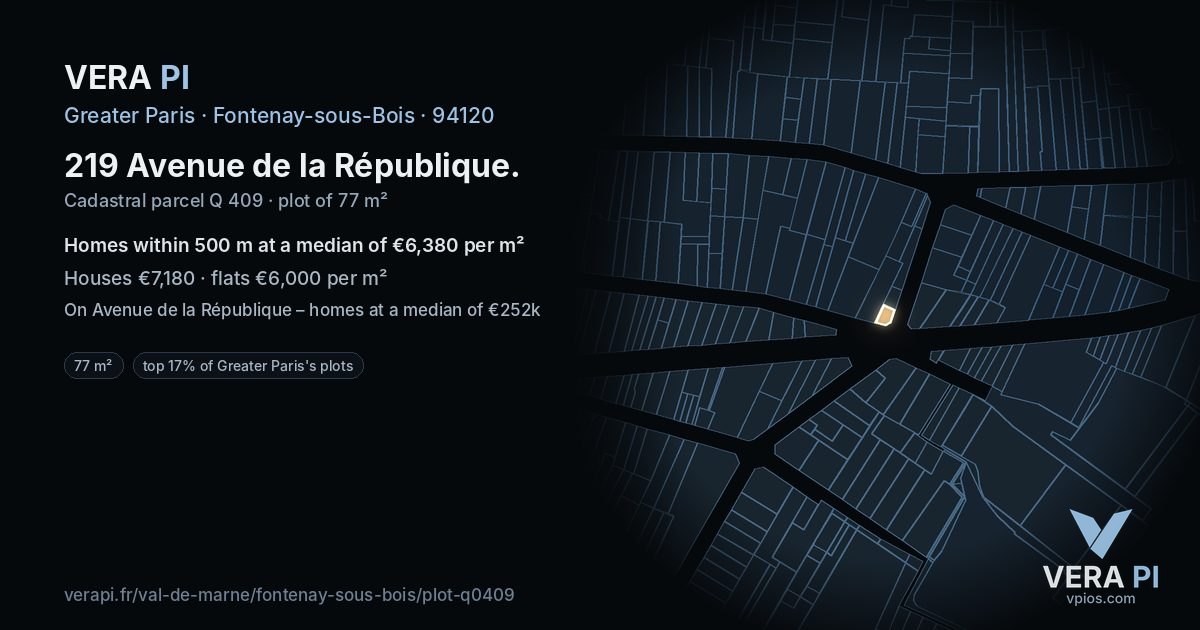 219 Avenue de la République, Fontenay-sous-Bois at night – the plot lit, the parcels around coloured by the prices near them