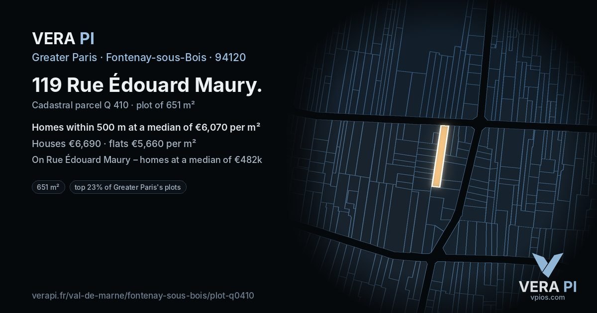 119 Rue Édouard Maury, Fontenay-sous-Bois at night – the plot lit, the parcels around coloured by the prices near them