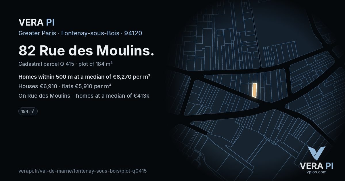 82 Rue des Moulins, Fontenay-sous-Bois at night – the plot lit, the parcels around coloured by the prices near them