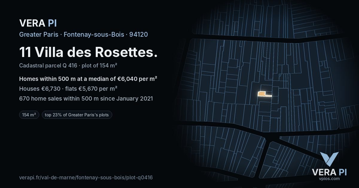 11 Villa des Rosettes, Fontenay-sous-Bois at night – the plot lit, the parcels around coloured by the prices near them