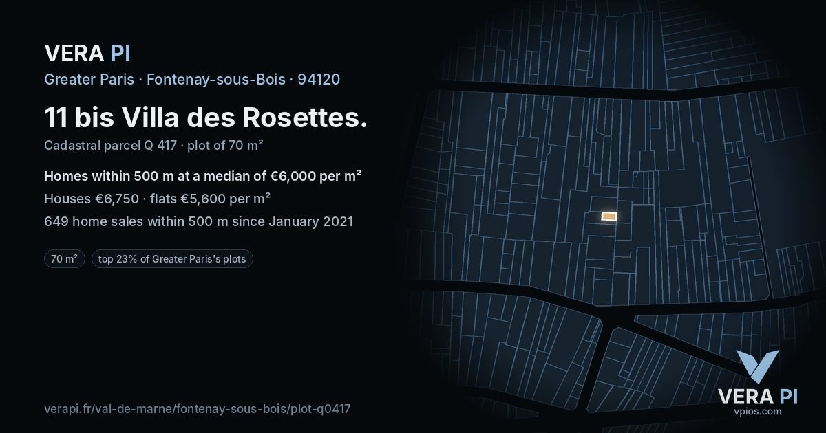 11 bis Villa des Rosettes, Fontenay-sous-Bois at night – the plot lit, the parcels around coloured by the prices near them