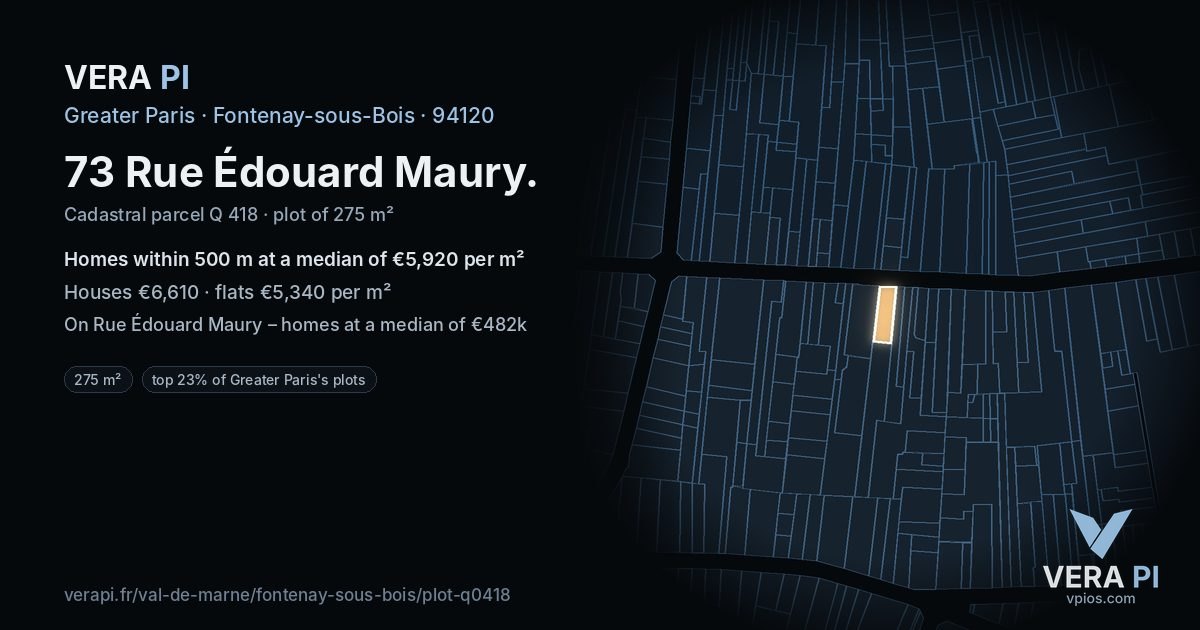 73 Rue Édouard Maury, Fontenay-sous-Bois at night – the plot lit, the parcels around coloured by the prices near them