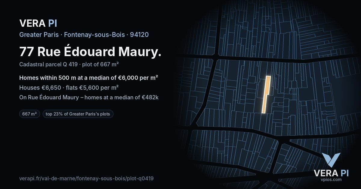77 Rue Édouard Maury, Fontenay-sous-Bois at night – the plot lit, the parcels around coloured by the prices near them