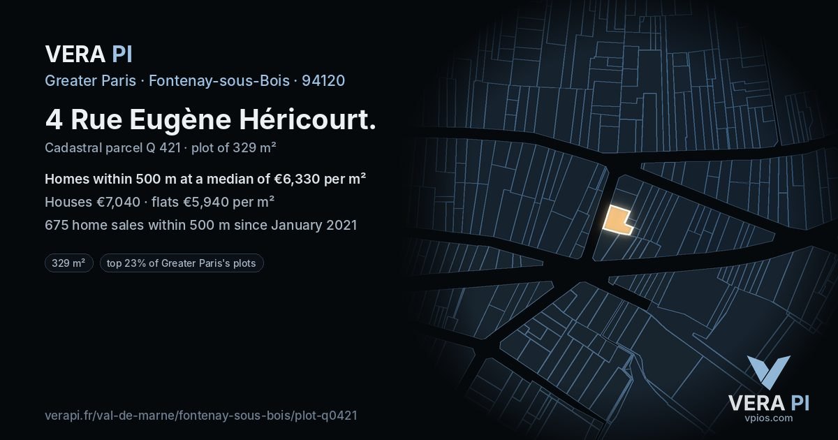 4 Rue Eugène Héricourt, Fontenay-sous-Bois at night – the plot lit, the parcels around coloured by the prices near them
