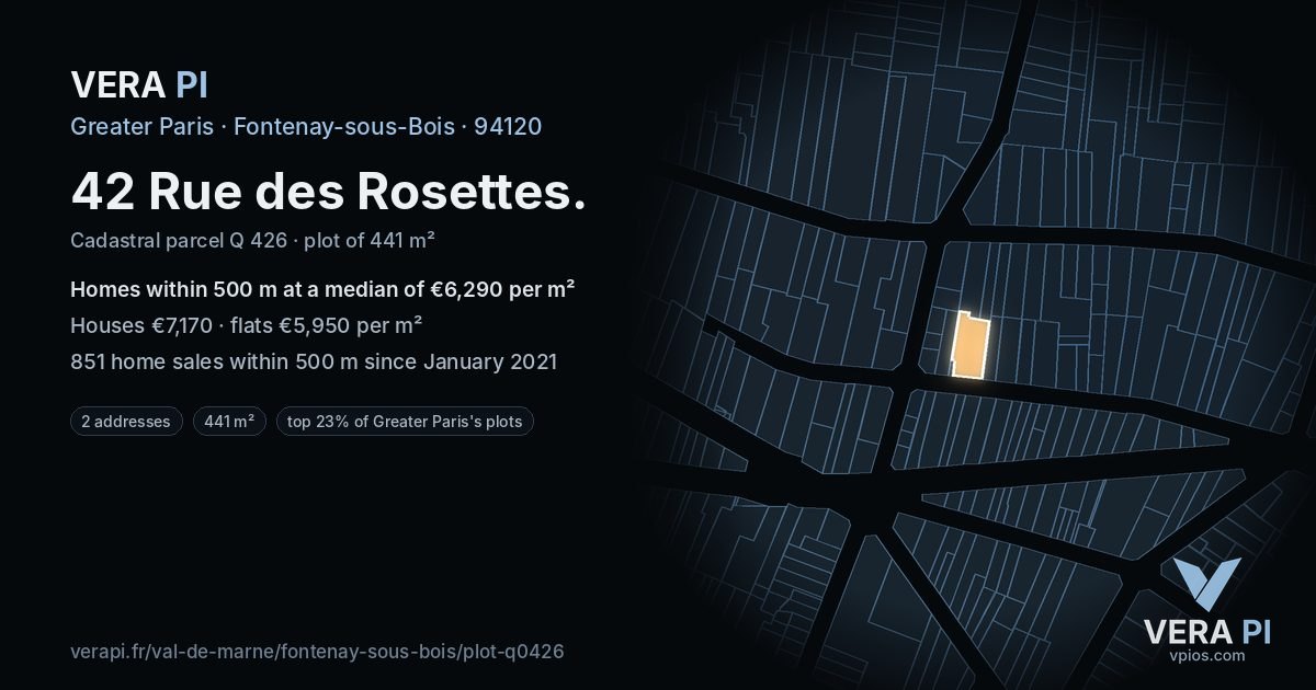 42 Rue des Rosettes, Fontenay-sous-Bois at night – the plot lit, the parcels around coloured by the prices near them