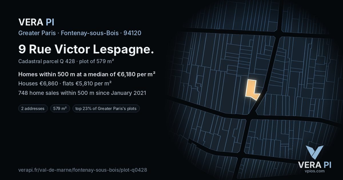 9 Rue Victor Lespagne, Fontenay-sous-Bois at night – the plot lit, the parcels around coloured by the prices near them