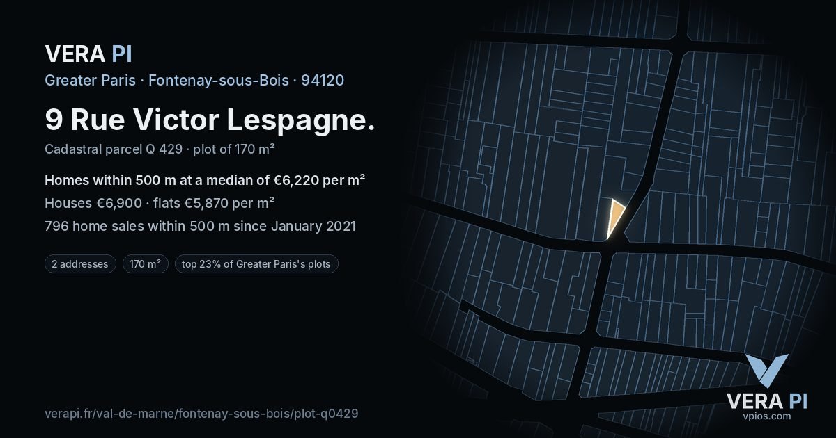 9 Rue Victor Lespagne, Fontenay-sous-Bois at night – the plot lit, the parcels around coloured by the prices near them