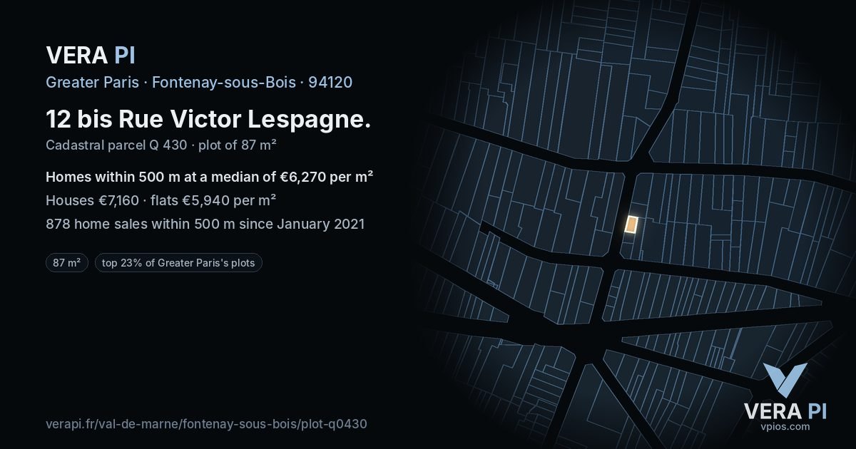 12 bis Rue Victor Lespagne, Fontenay-sous-Bois at night – the plot lit, the parcels around coloured by the prices near them