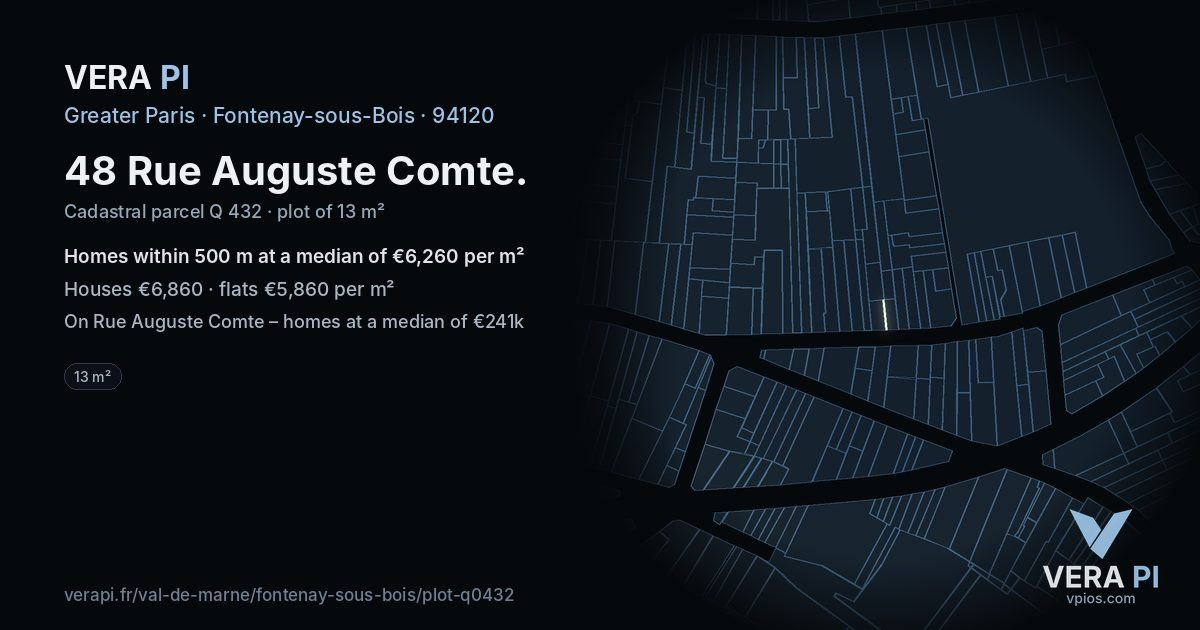 48 Rue Auguste Comte, Fontenay-sous-Bois at night – the plot lit, the parcels around coloured by the prices near them