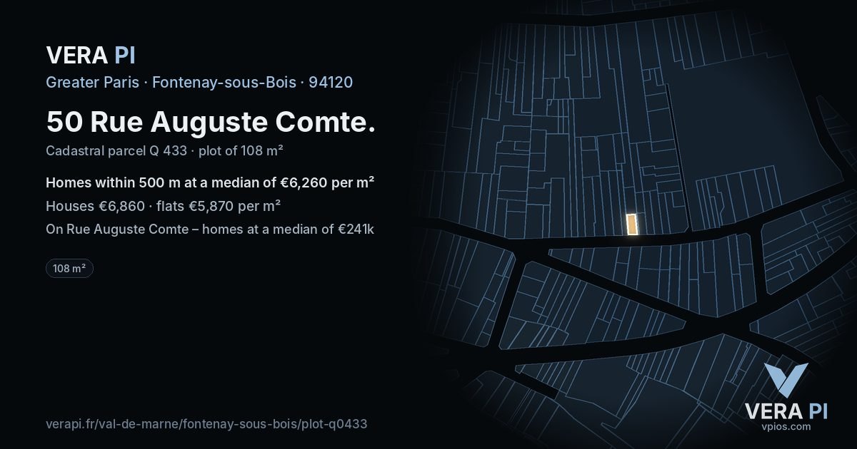 50 Rue Auguste Comte, Fontenay-sous-Bois at night – the plot lit, the parcels around coloured by the prices near them