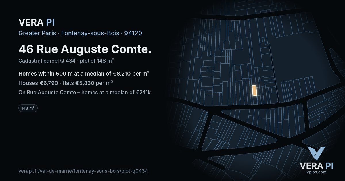46 Rue Auguste Comte, Fontenay-sous-Bois at night – the plot lit, the parcels around coloured by the prices near them