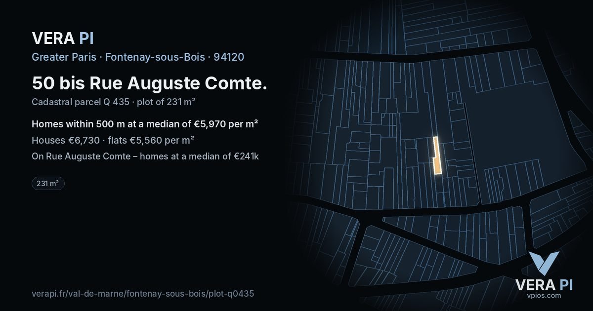 50 bis Rue Auguste Comte, Fontenay-sous-Bois at night – the plot lit, the parcels around coloured by the prices near them