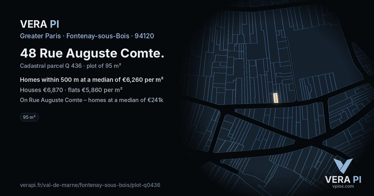 48 Rue Auguste Comte, Fontenay-sous-Bois at night – the plot lit, the parcels around coloured by the prices near them