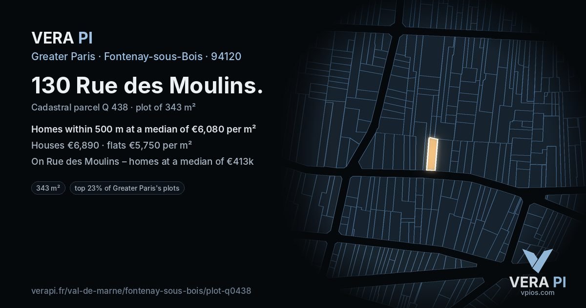 130 Rue des Moulins, Fontenay-sous-Bois at night – the plot lit, the parcels around coloured by the prices near them