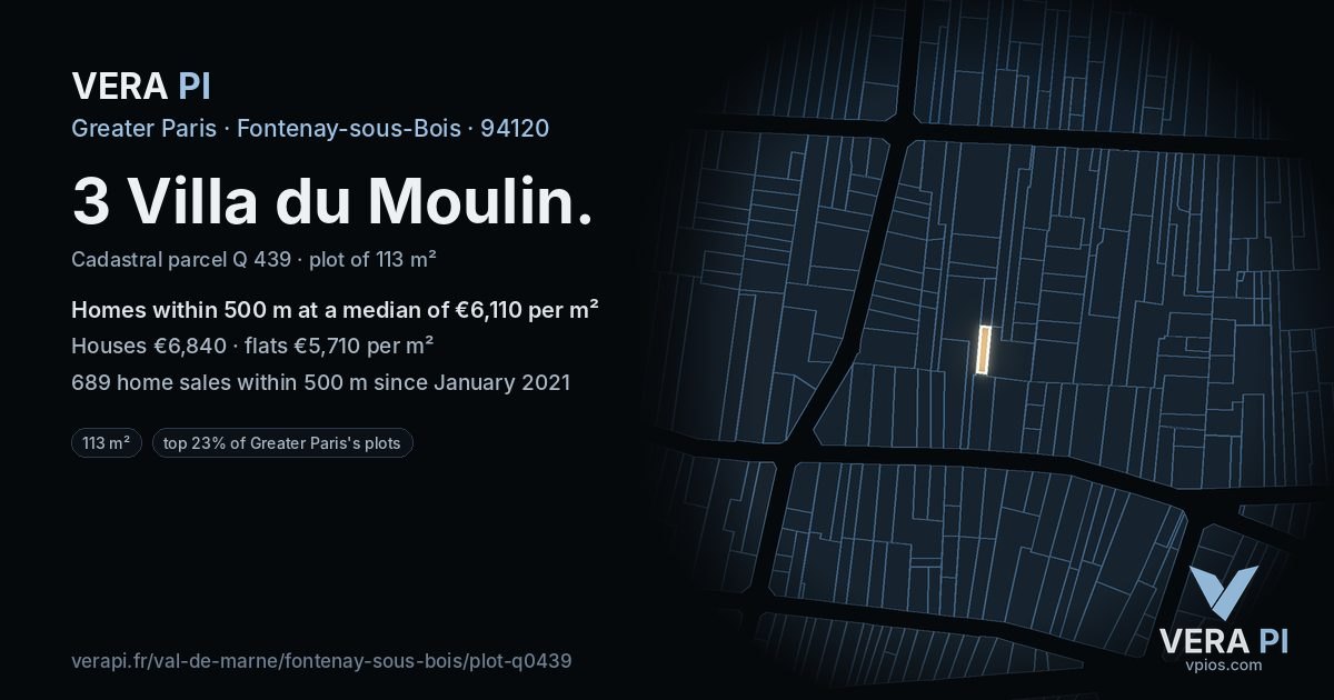 3 Villa du Moulin, Fontenay-sous-Bois at night – the plot lit, the parcels around coloured by the prices near them