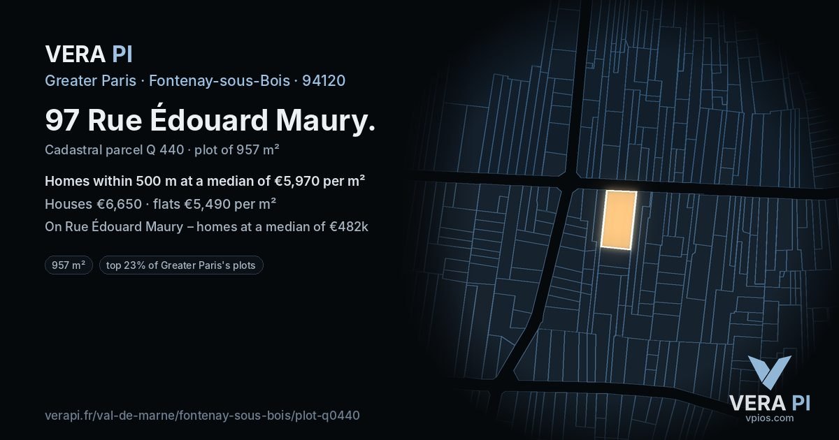 97 Rue Édouard Maury, Fontenay-sous-Bois at night – the plot lit, the parcels around coloured by the prices near them
