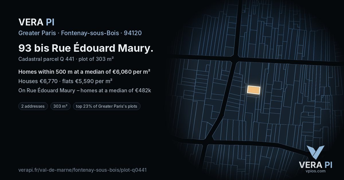 93 bis Rue Édouard Maury, Fontenay-sous-Bois at night – the plot lit, the parcels around coloured by the prices near them