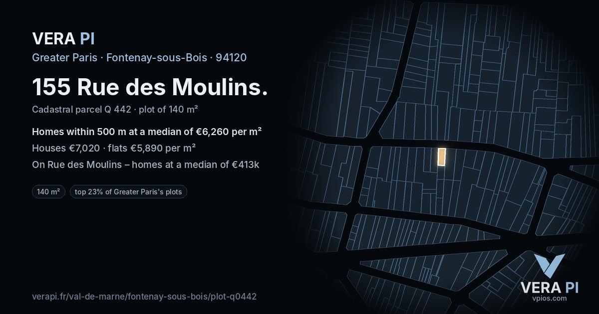 155 Rue des Moulins, Fontenay-sous-Bois at night – the plot lit, the parcels around coloured by the prices near them