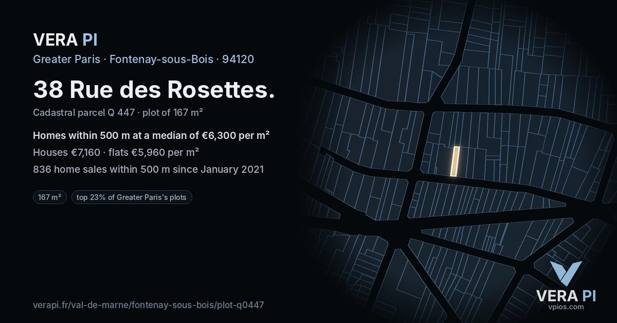 38 Rue des Rosettes, Fontenay-sous-Bois at night – the plot lit, the parcels around coloured by the prices near them