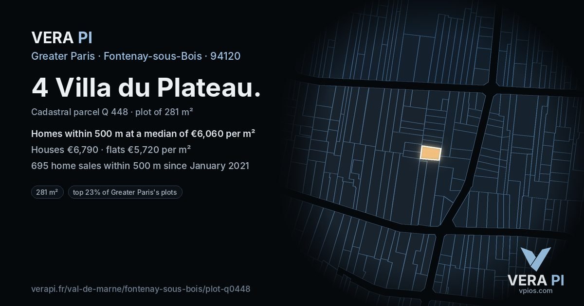 4 Villa du Plateau, Fontenay-sous-Bois at night – the plot lit, the parcels around coloured by the prices near them