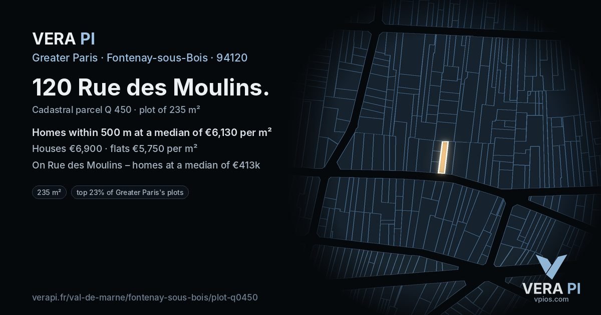120 Rue des Moulins, Fontenay-sous-Bois at night – the plot lit, the parcels around coloured by the prices near them