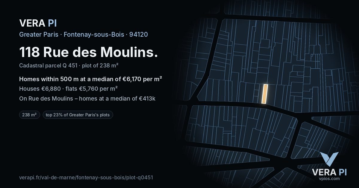118 Rue des Moulins, Fontenay-sous-Bois at night – the plot lit, the parcels around coloured by the prices near them
