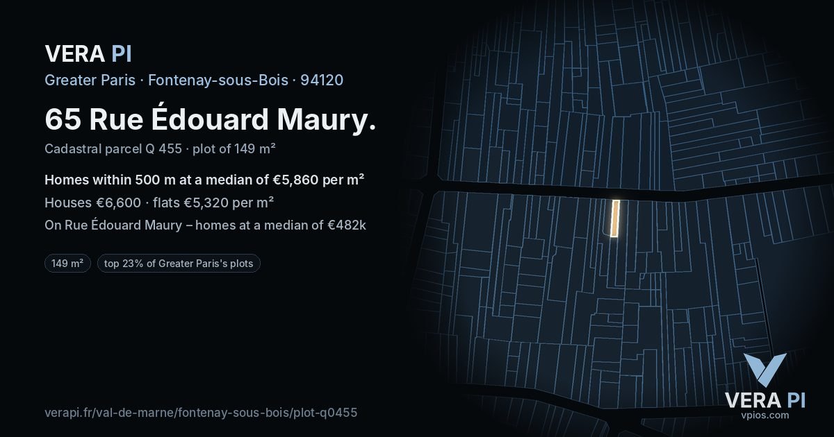 65 Rue Édouard Maury, Fontenay-sous-Bois at night – the plot lit, the parcels around coloured by the prices near them
