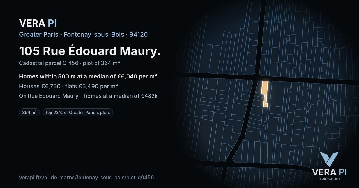 105 Rue Édouard Maury, Fontenay-sous-Bois at night – the plot lit, the parcels around coloured by the prices near them