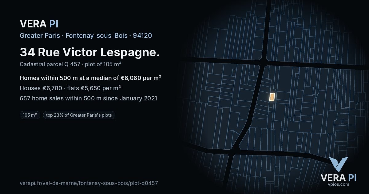 34 Rue Victor Lespagne, Fontenay-sous-Bois at night – the plot lit, the parcels around coloured by the prices near them