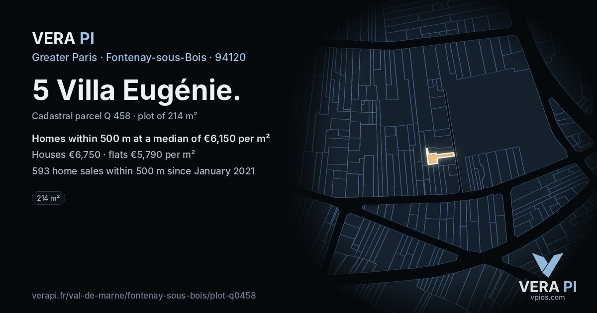 5 Villa Eugénie, Fontenay-sous-Bois at night – the plot lit, the parcels around coloured by the prices near them