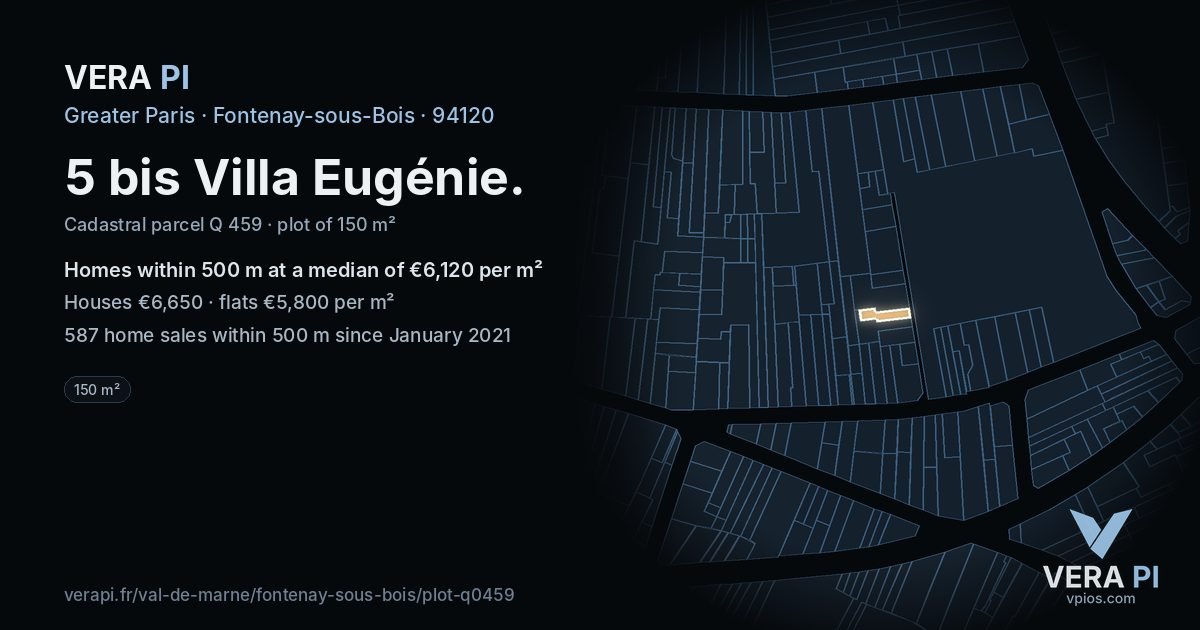 5 bis Villa Eugénie, Fontenay-sous-Bois at night – the plot lit, the parcels around coloured by the prices near them