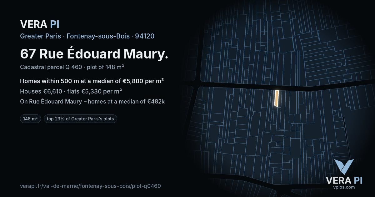 67 Rue Édouard Maury, Fontenay-sous-Bois at night – the plot lit, the parcels around coloured by the prices near them