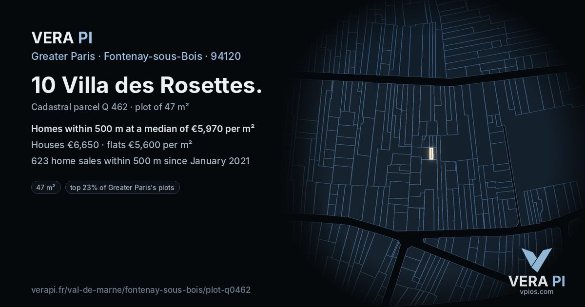 10 Villa des Rosettes, Fontenay-sous-Bois at night – the plot lit, the parcels around coloured by the prices near them