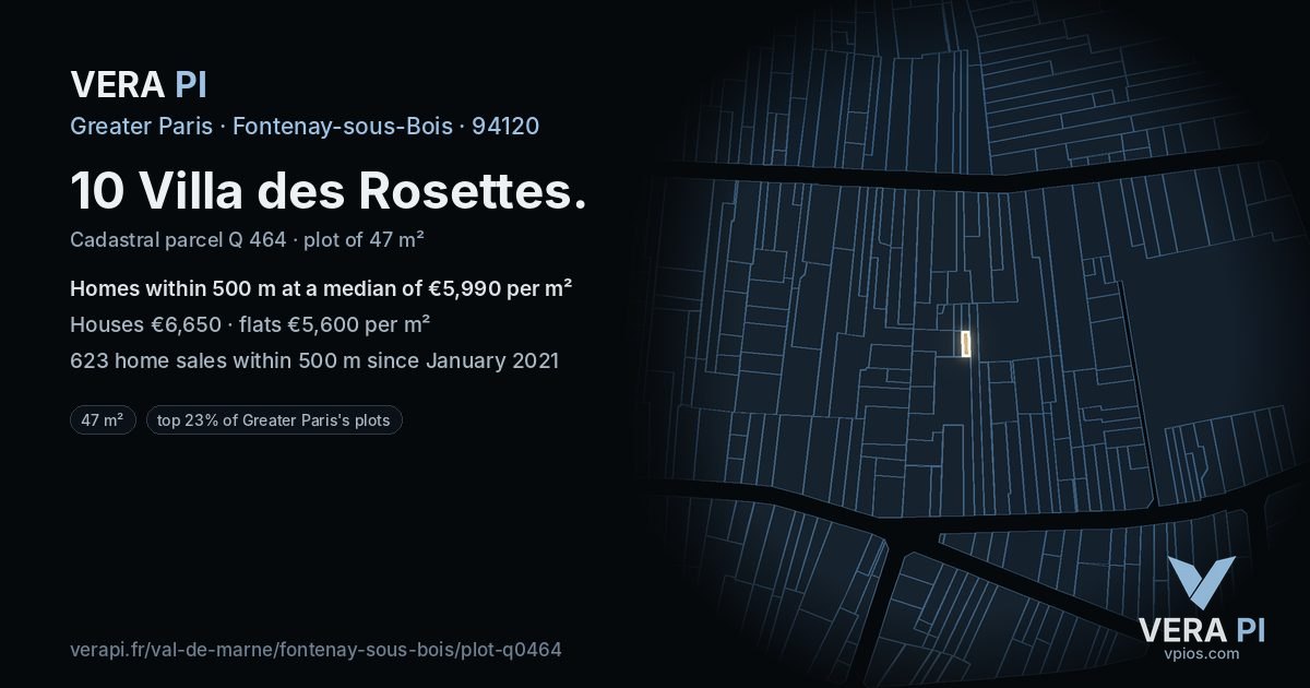 10 Villa des Rosettes, Fontenay-sous-Bois at night – the plot lit, the parcels around coloured by the prices near them