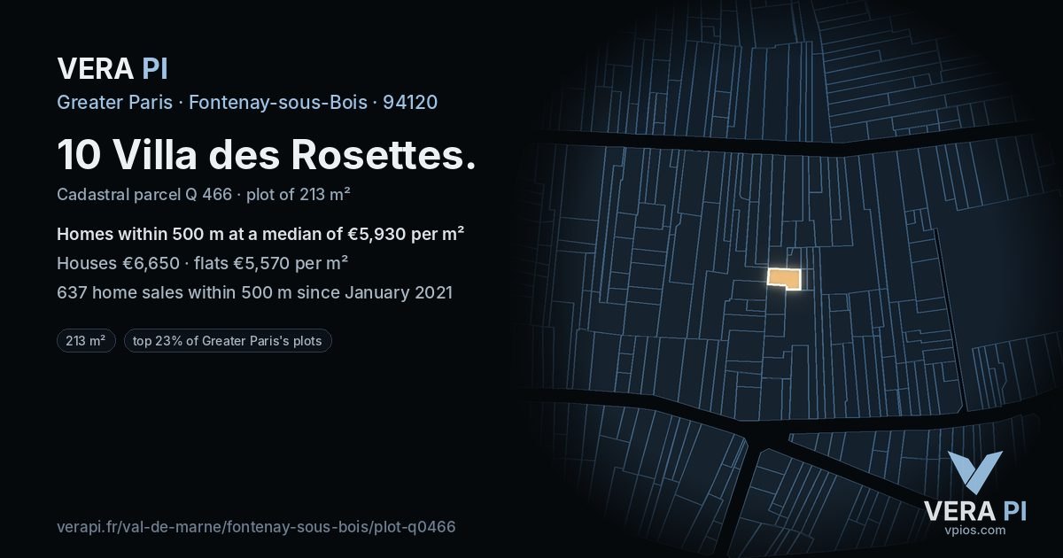 10 Villa des Rosettes, Fontenay-sous-Bois at night – the plot lit, the parcels around coloured by the prices near them