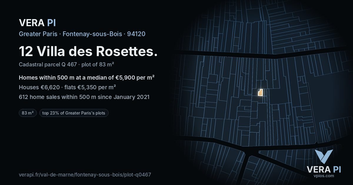 12 Villa des Rosettes, Fontenay-sous-Bois at night – the plot lit, the parcels around coloured by the prices near them