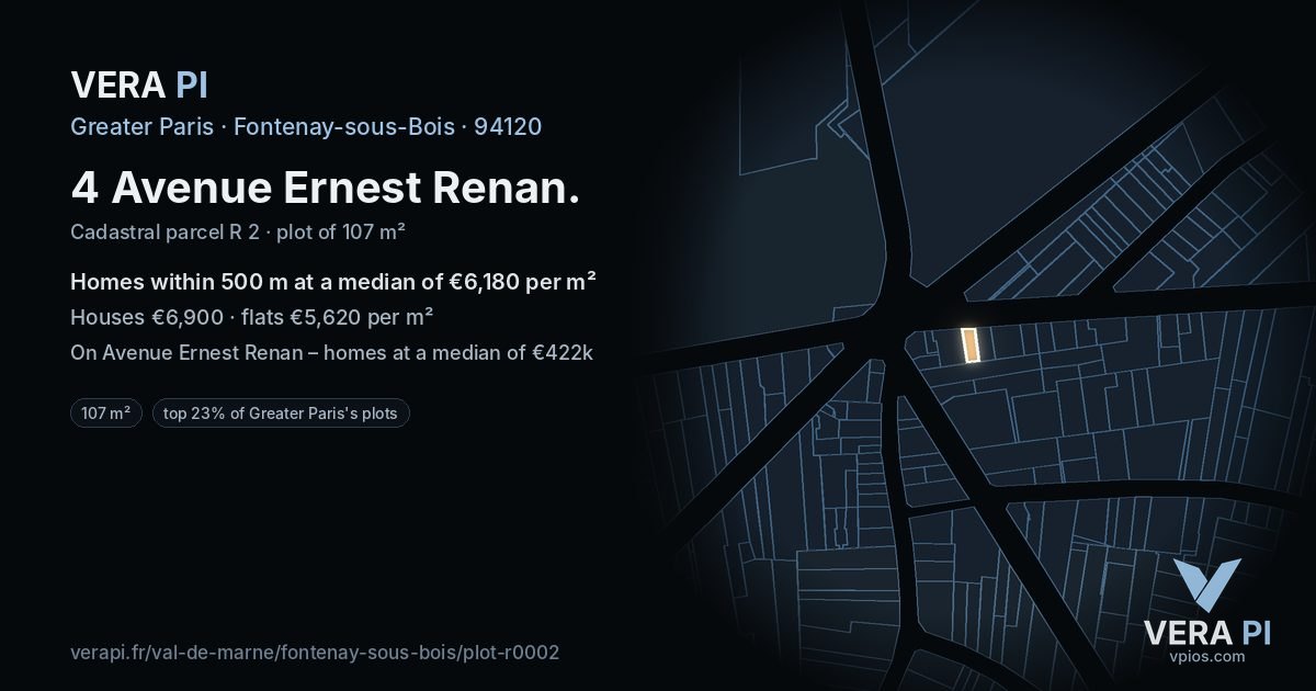 4 Avenue Ernest Renan, Fontenay-sous-Bois at night – the plot lit, the parcels around coloured by the prices near them