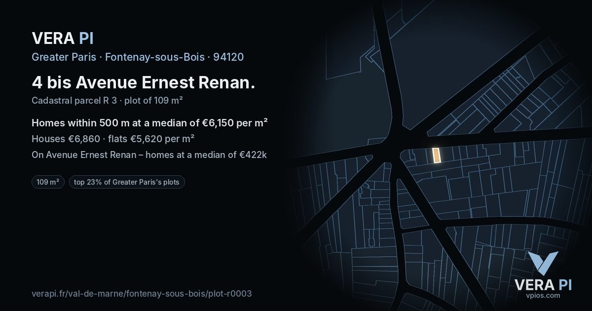 4 bis Avenue Ernest Renan, Fontenay-sous-Bois at night – the plot lit, the parcels around coloured by the prices near them