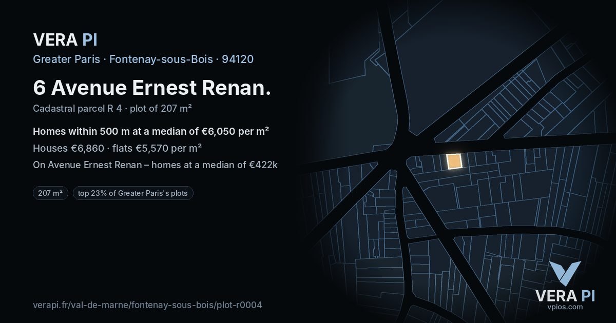 6 Avenue Ernest Renan, Fontenay-sous-Bois at night – the plot lit, the parcels around coloured by the prices near them